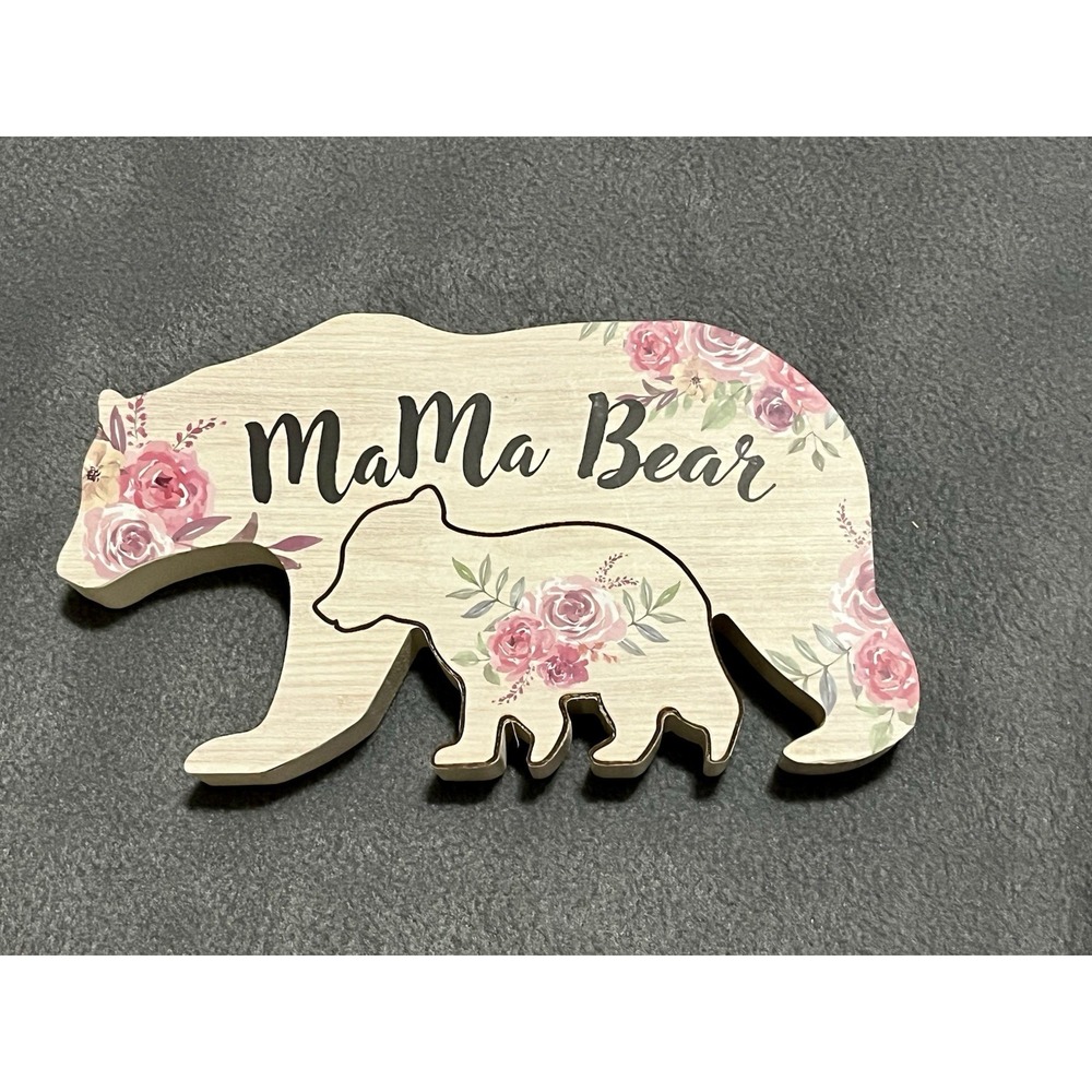 Mama Bear and Baby Cub Wooden Family Nature Decoration White/Pink Roses (O-549)